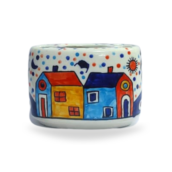 Ceramic Multi Colour Toothbrush Holder (Hut Painting), Toothpaste Holder for Bathroom Sink