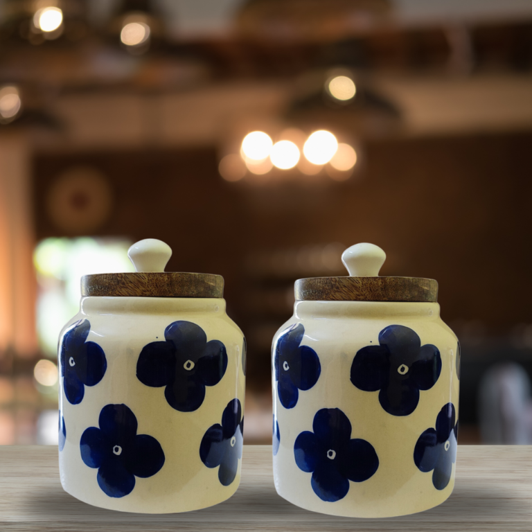 Blue Blossom” Air Tight Ceramic Jars with Wooden Lid For Storing Tea/ Sugar/ Pickle/ Jam etc. – Set Of 2