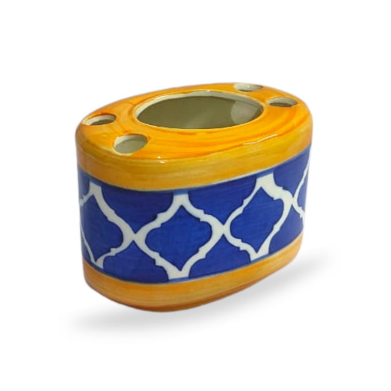 Hand Painted Ceramic Toothbrush Holder (Mughal Painting Blue & Yellow), Toothpaste Holder for Bathroom Sink
