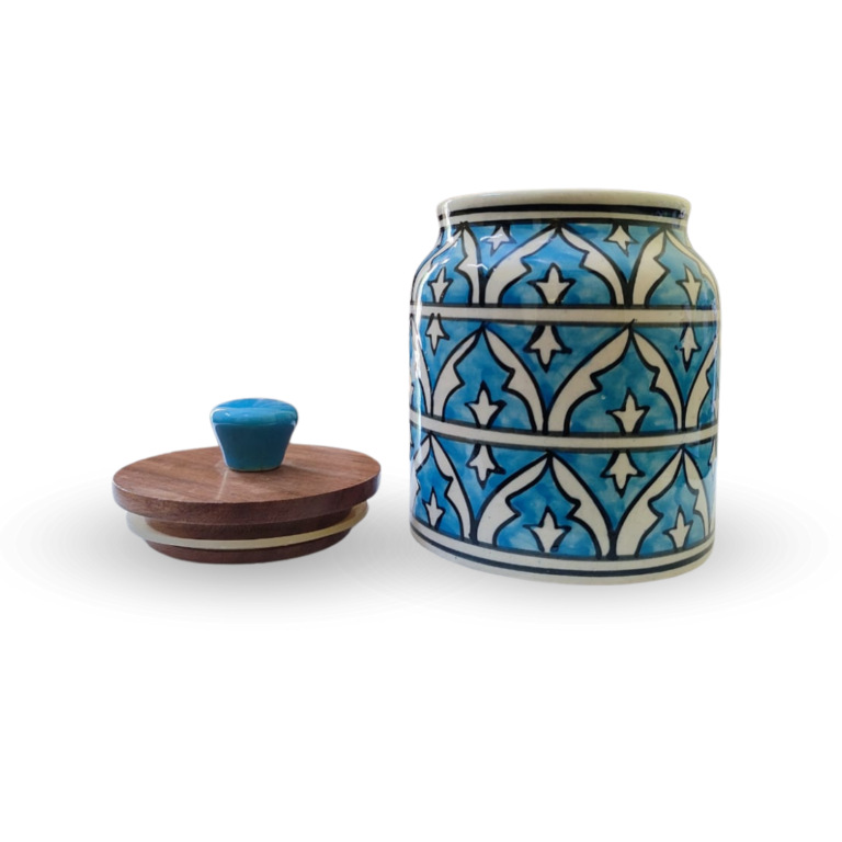 Turquoise Treasure” Air Tight Ceramic Jars with Wooden Lid For Storing Tea/ Sugar/ Pickle/ Jam etc. – Set Of 2
