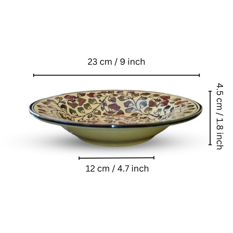 “Vintage Petals” Ceramic Hand – painted Deep Plate Size 9 inch for Soup / Salads/ Pasta/ Noodles/ Macaroni – Set Of 2 Best Gifting Options
