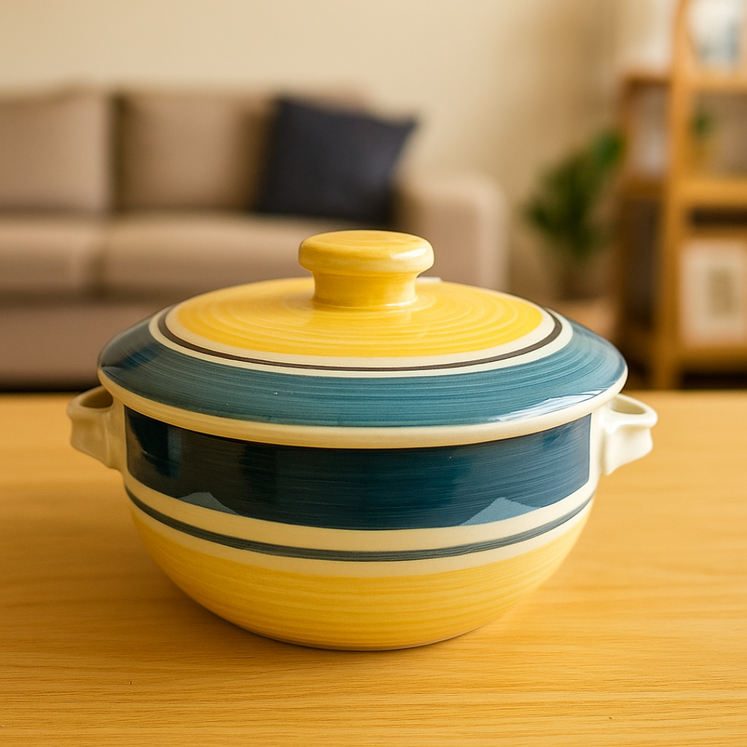 Golden Dusk Ceramic Casserole” hand–painted with Lid, 500 ml capacity, elegant & functional.