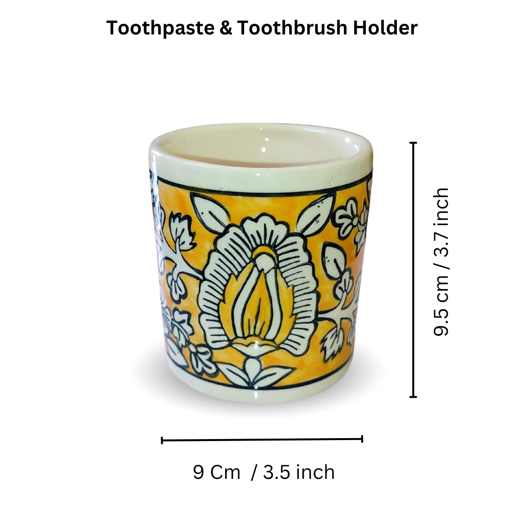 “Golden Blossom” Hand-Painted Ceramic Bath Set of 3 with Liquid Soap Dispenser, Toothbrush Holder & Soap Dish Best Gifting Options
