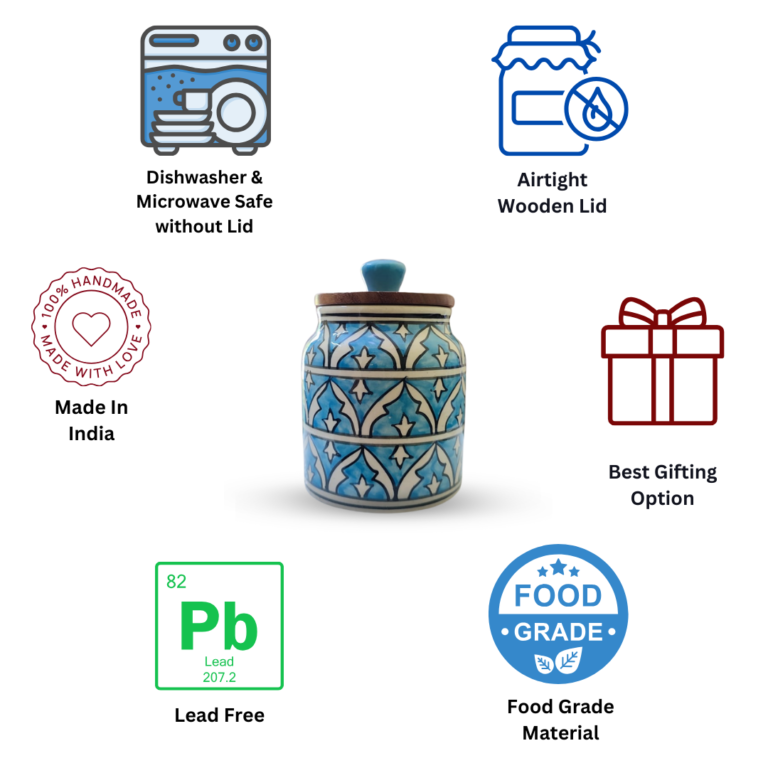 Turquoise Treasure” Air Tight Ceramic Jars with Wooden Lid For Storing Tea/ Sugar/ Pickle/ Jam etc. – Set Of 2