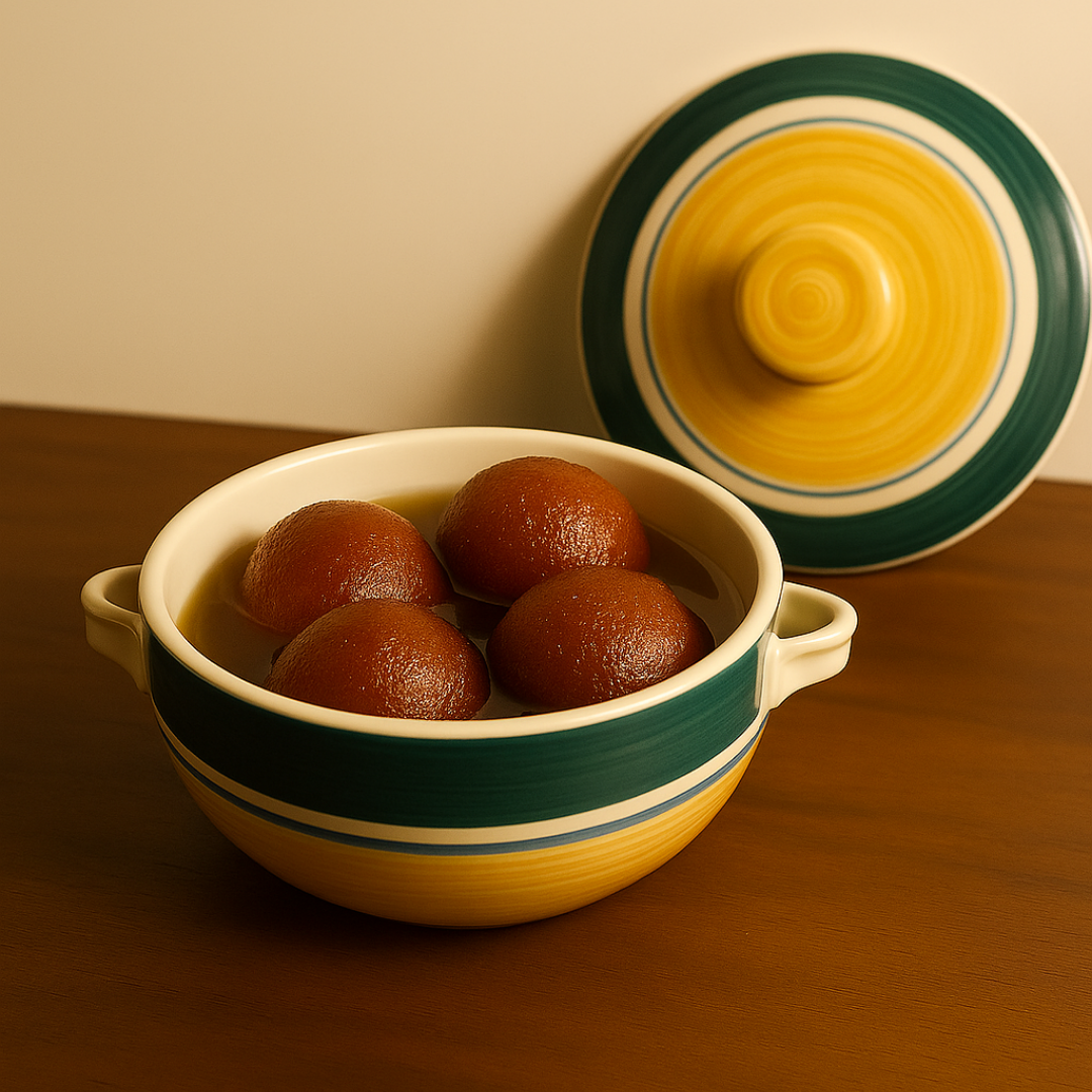 Golden Dusk Ceramic Casserole” hand–painted with Lid, 500 ml capacity, elegant & functional.