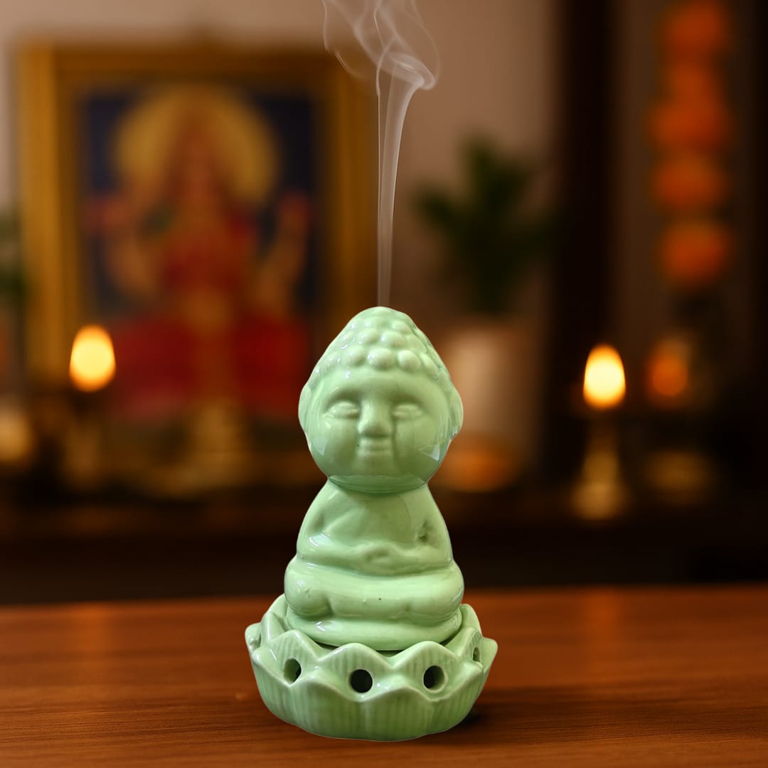 Green Lotus Buddha Ceramic Dhoop Diffuser – Set of 2