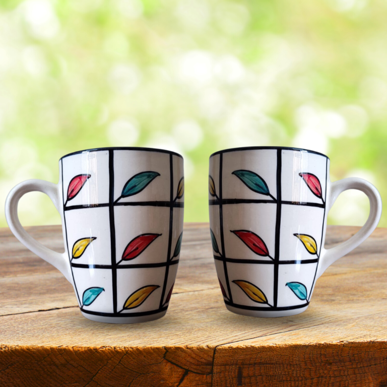 Coffee Mug | Tea Mug | Milk Mug Leaf Painting (300 ml, Multicolor) – Set of 2