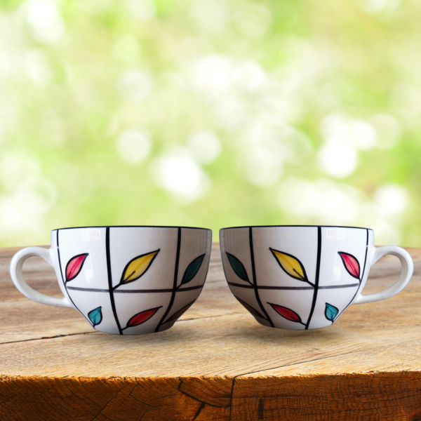 Ceramic Soup Cup/Soup Bowl/Coffee/Tea/Milk/Mug Multi Colour Leaf Painting Hand Painted (350 ml) – Set of 2