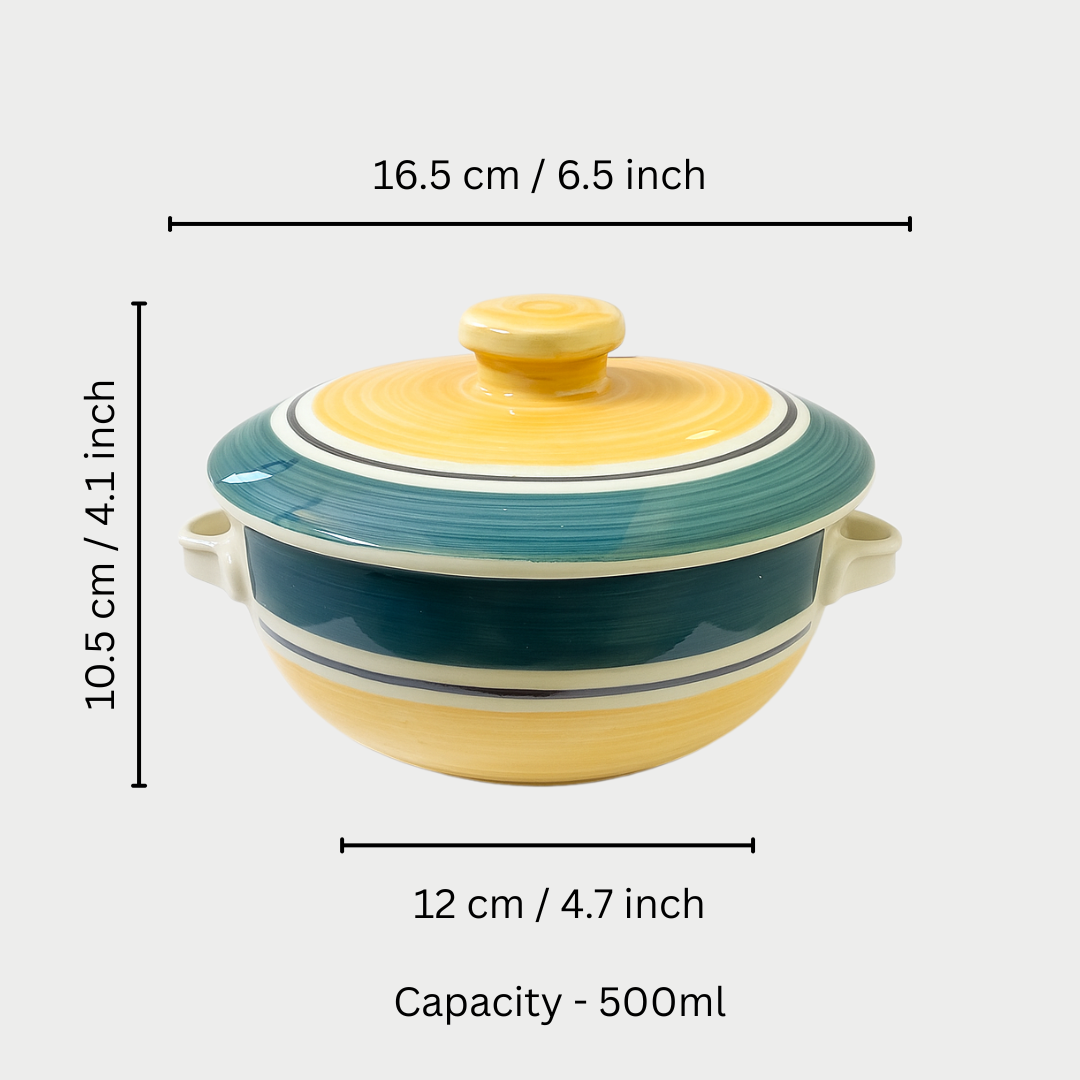 Golden Dusk Ceramic Casserole” hand–painted with Lid, 500 ml capacity, elegant & functional.