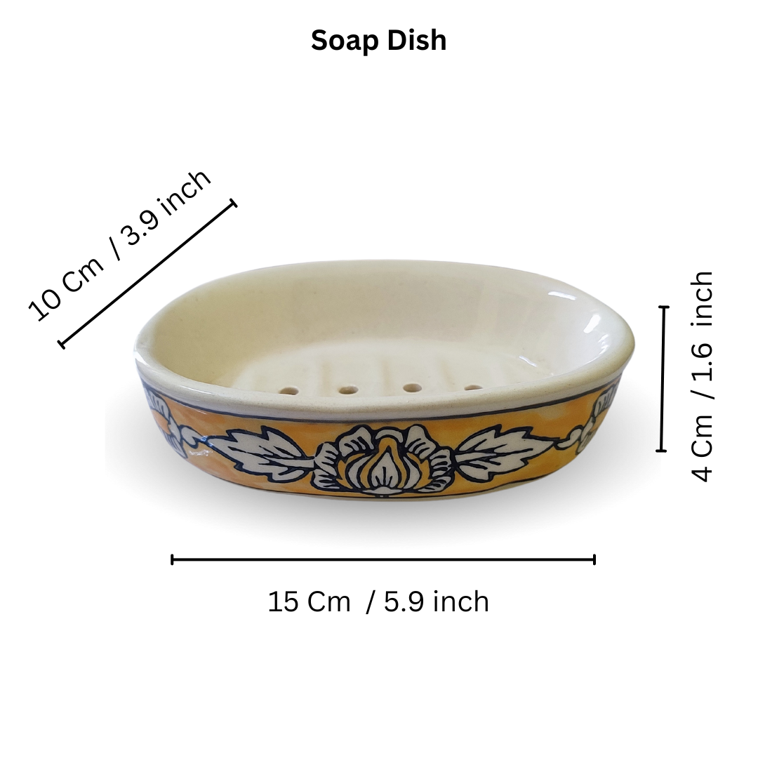 “Golden Blossom” Hand-Painted Ceramic Bath Set of 3 with Liquid Soap Dispenser, Toothbrush Holder & Soap Dish Best Gifting Options