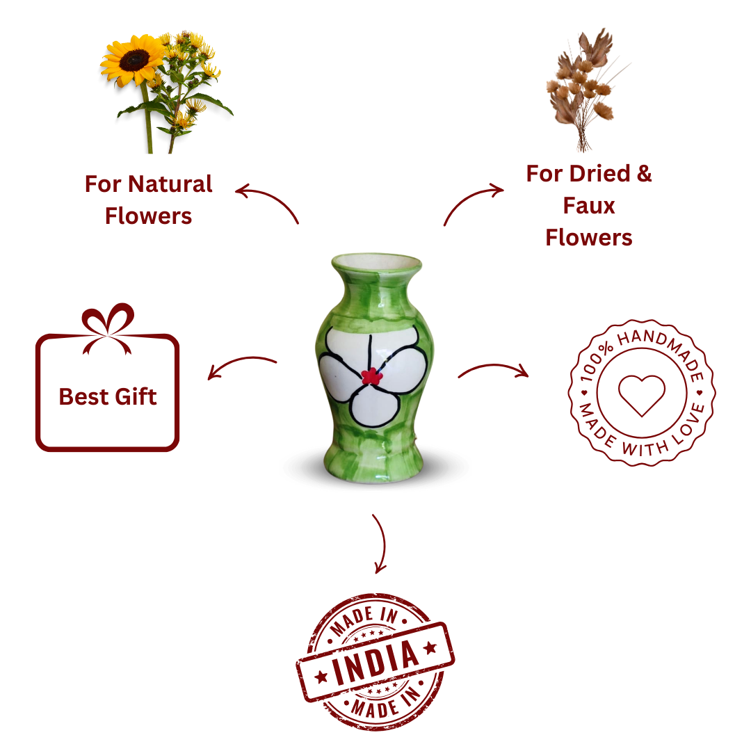 “Green Serenity ” Hand Painted Ceramic Vase for Bedroom, Livingroom, Dining Table, Cash Counter, Home Décor – Pack Of 1