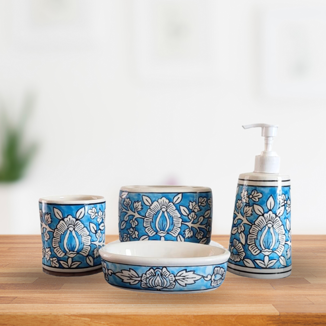 Turquoise Blue Blossom Ceramic Bathroom Accessories Set of 4 with Liquid Soap Dispenser, Toothbrush Holder, Soap Dish & Tumbler