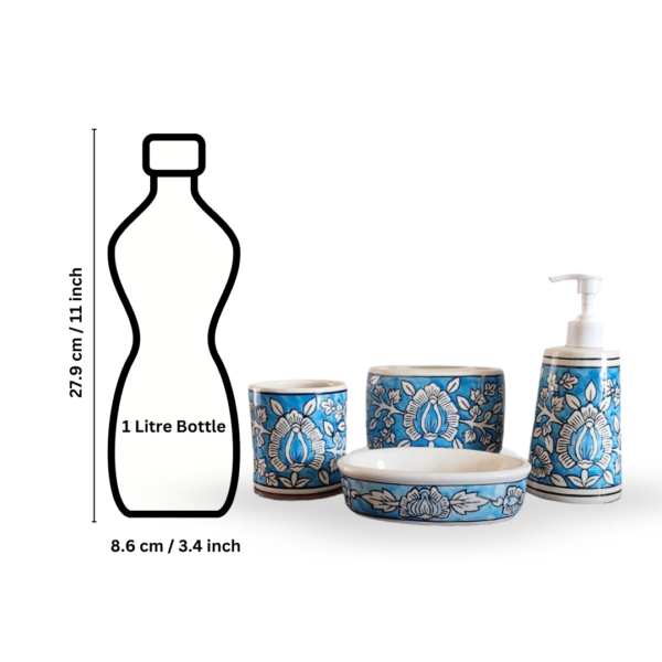 Turquoise Blue Blossom Ceramic Bathroom Accessories Set of 4 with Liquid Soap Dispenser, Toothbrush Holder, Soap Dish & Tumbler