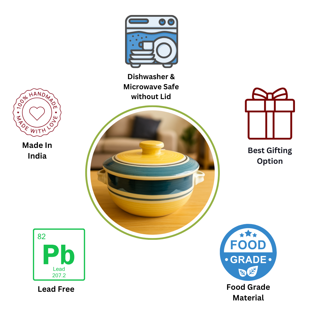 Golden Dusk Ceramic Casserole” hand–painted with Lid, 500 ml capacity, elegant & functional.