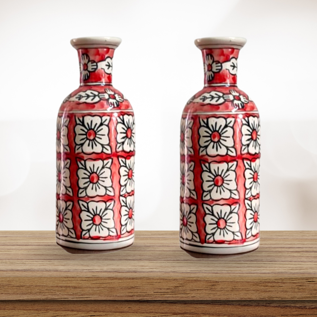 Hand Painted Floral Ceramic Vase for Bedroom, Living Room, Dining Table, Cash Counter, Home Décor – 7.5 inches Red. Set of 2