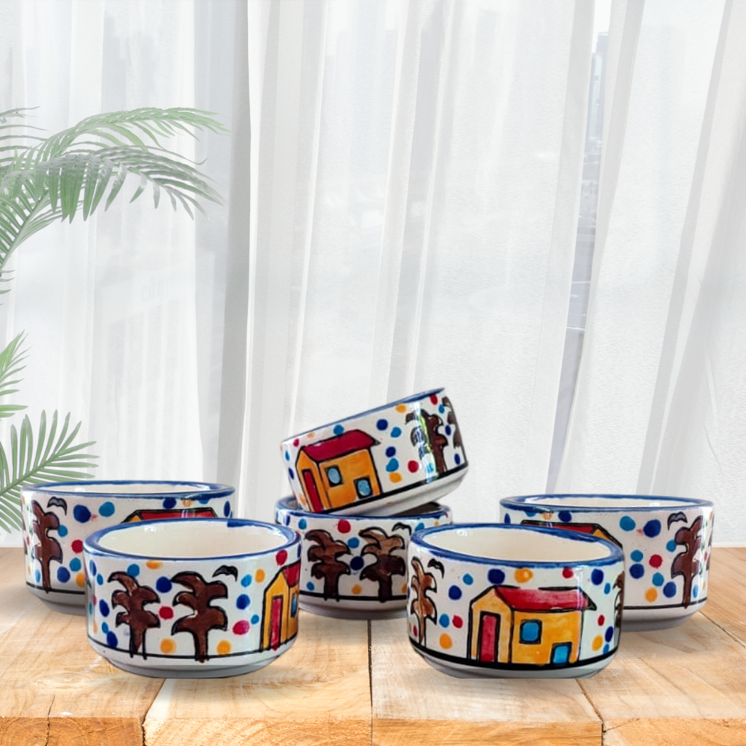 Round Shape Hut Painting Small Ceramic Hand Painted Chutney/Pickle/Dip/Bowls (50 ml) – Set of 6