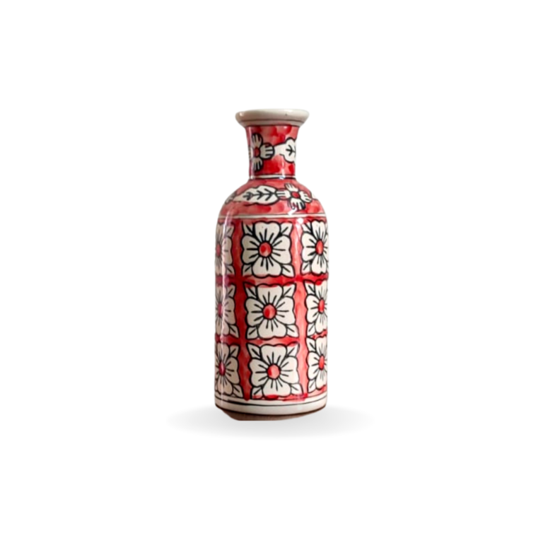 Hand Painted Floral Ceramic Vase for Bedroom, Living Room, Dining Table, Cash Counter, Home Décor – 7.5 inches Red. Set of 2