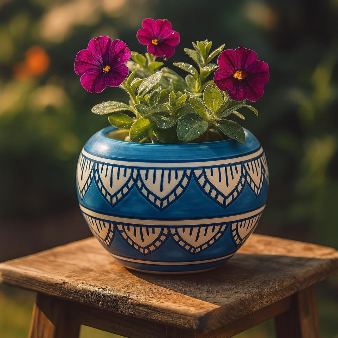 Indigo Blossom Planter” for indoor, outdoor plants, handcrafted Elegance for Your Greens.