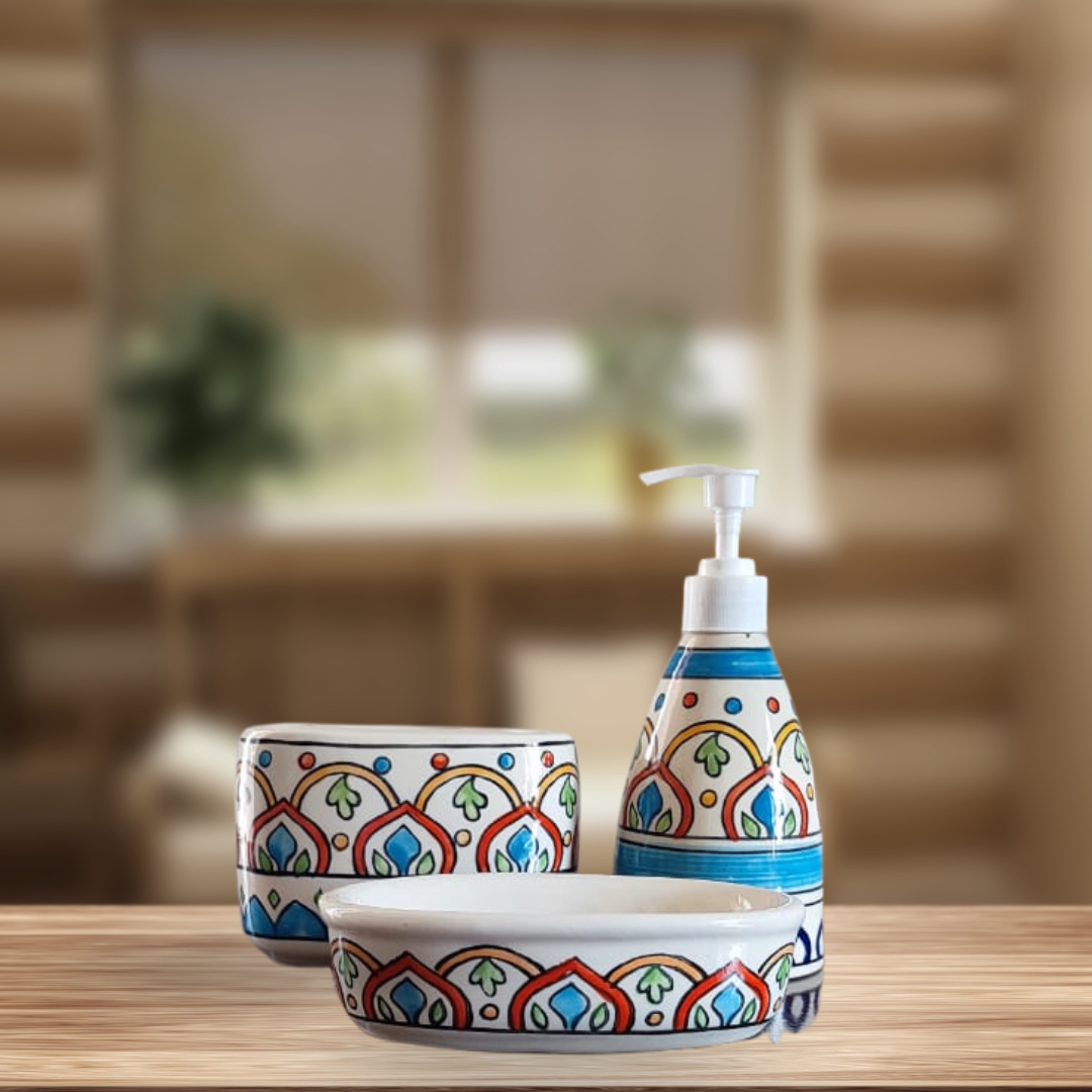 Multicolour Mihrab Painting. Ceramic Bathroom Accessories Set of 3 with Liquid Soap Dispenser, Toothbrush Holder & Soap Dish