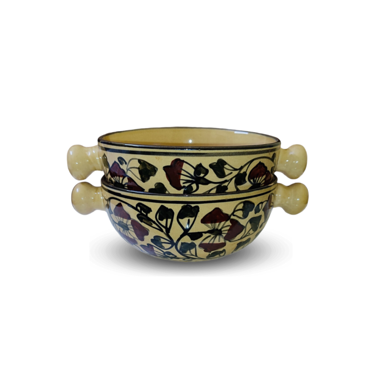 “Rustic Flora” Ceramic Bowls with Handles For Serving Soup / Salads / Snacks – Set Of 2 Best Gifting Options