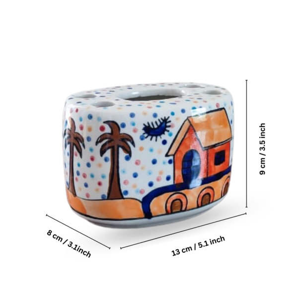 Multicolour Hut Painting Ceramic Bathroom Accessories Set of 3 with Liquid Soap Dispenser, Toothbrush Holder & Soap Dish
