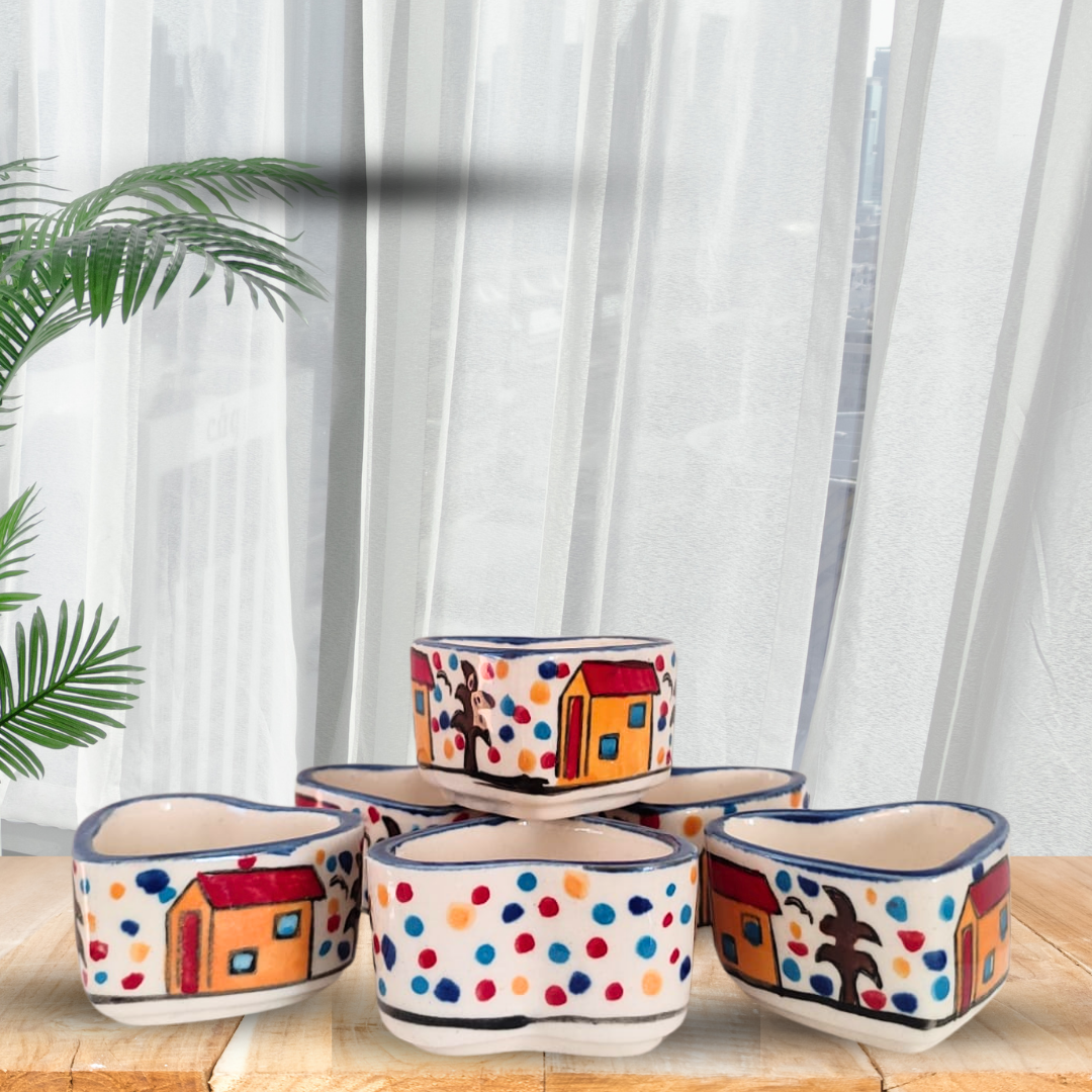 Heart Shape Hut Painting Small Ceramic Hand Painted Chutney/Pickle/Dip/Bowls (50 ml) – Set of 6