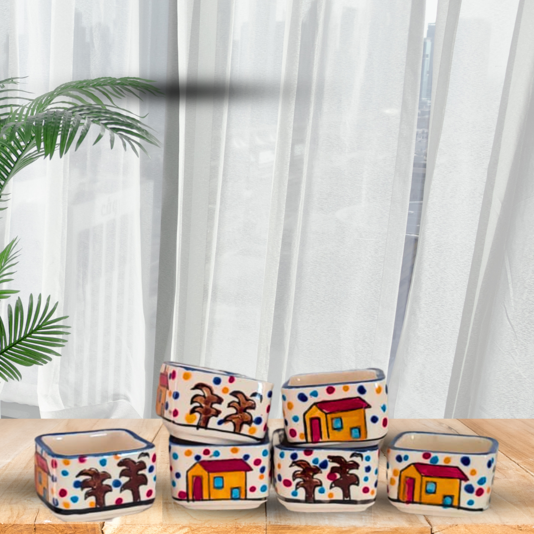 Square Shape Hut Painting Small Ceramic Hand Painted Chutney/Pickle/Dip/Bowls (50 ml) – Set of 6