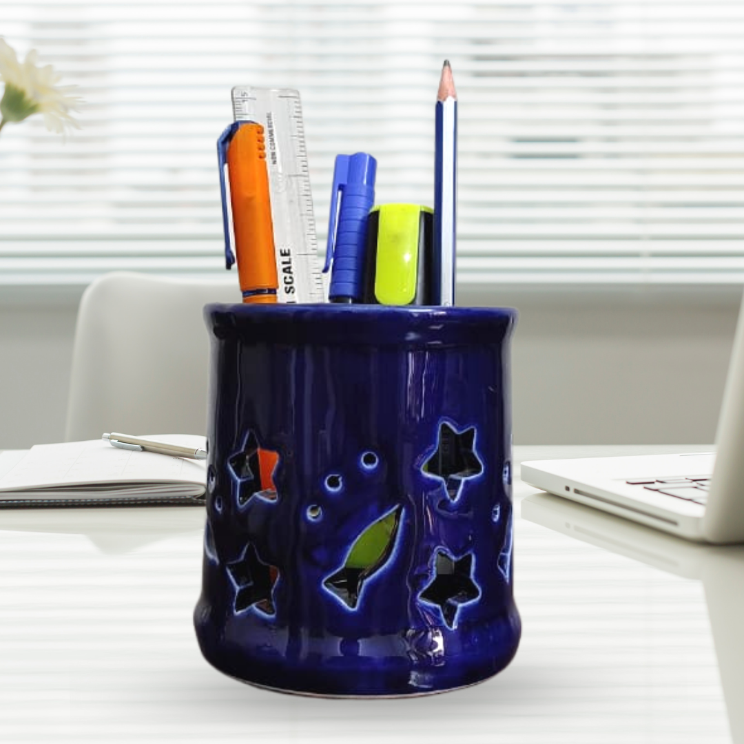 Multipurpose Ceramic Pen Holder | Office Desk Organizer | Tooth Brush Holder Navy Blue – Set Of 2