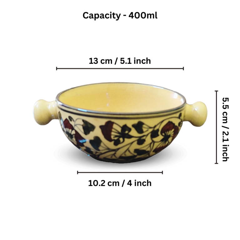“Rustic Flora” Ceramic Bowls with Handles For Serving Soup / Salads / Snacks – Set Of 2 Best Gifting Options