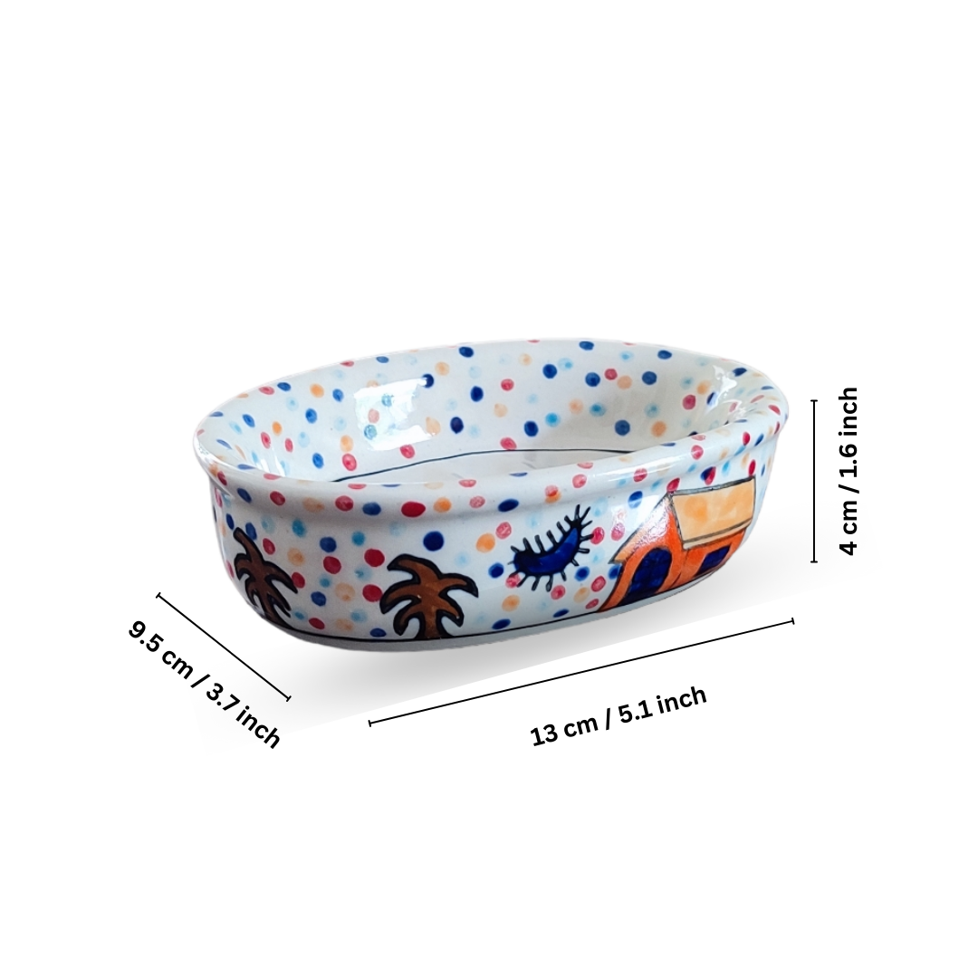 Multicolour Hut Painting Ceramic Bathroom Accessories Set of 3 with Liquid Soap Dispenser, Toothbrush Holder & Soap Dish