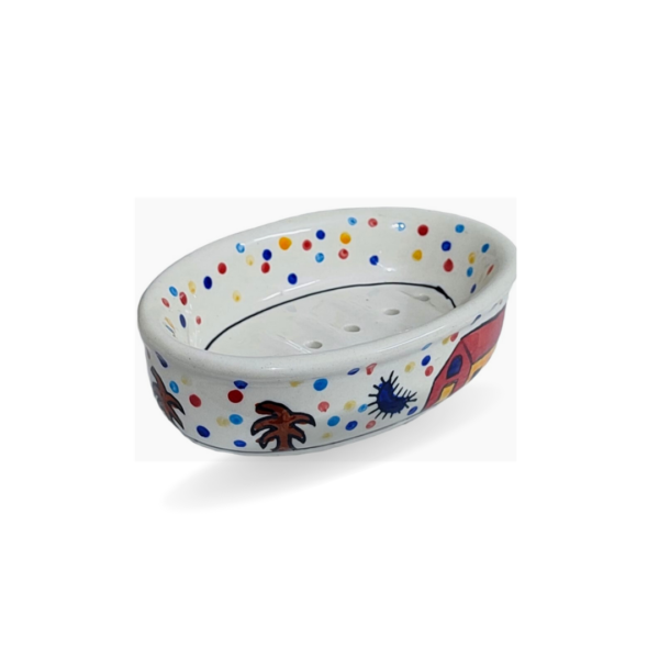 Ceramic Soap Dish | Ceramic Soap Case | Multi Colour Hut Painting – Set of 2