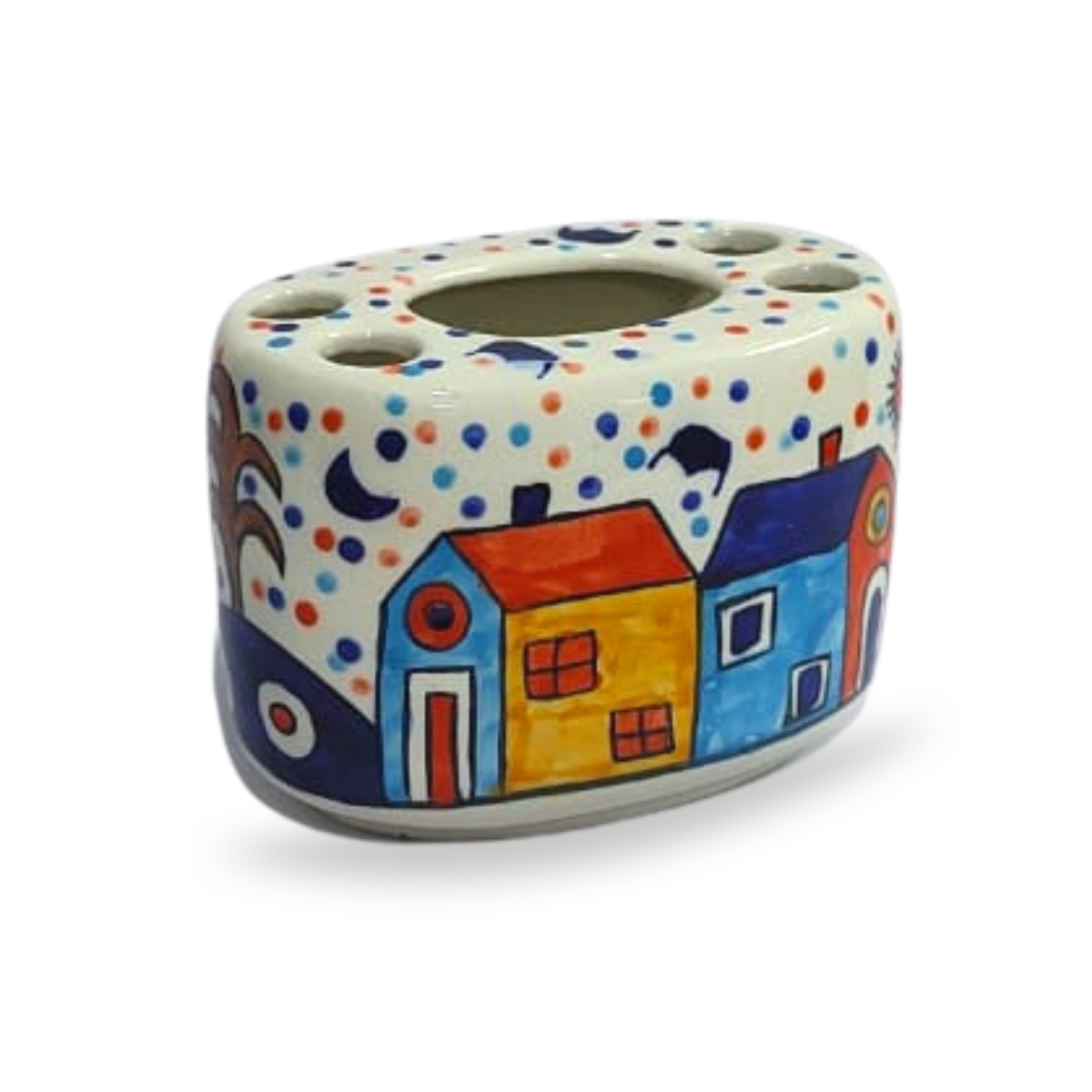 Ceramic Multi Colour Toothbrush Holder (Hut Painting), Toothpaste Holder for Bathroom Sink