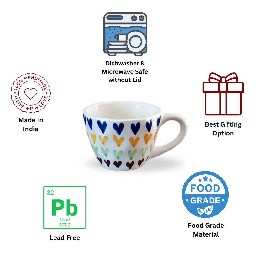 Ceramic Hand Painted Heart Print Coffee Mug, Milk Mug, Tea Cup, Soup Cup (200 ml) – Set of 4