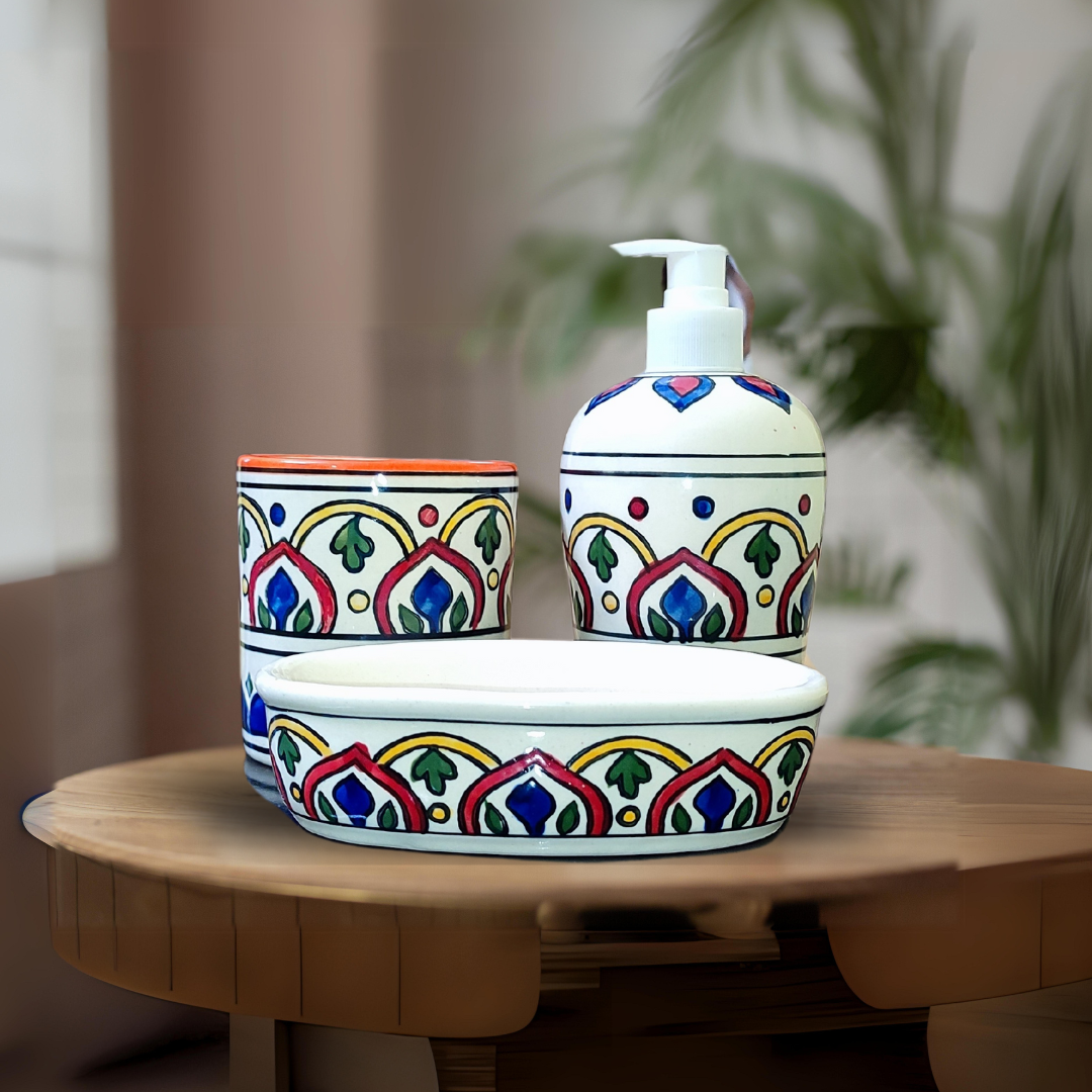 “Elegant Arch Blossom – Red ” Hand-Painted Ceramic Bath Set of 3 with Liquid Soap Dispenser, Toothbrush Holder & Soap Dish Best Gifting Options