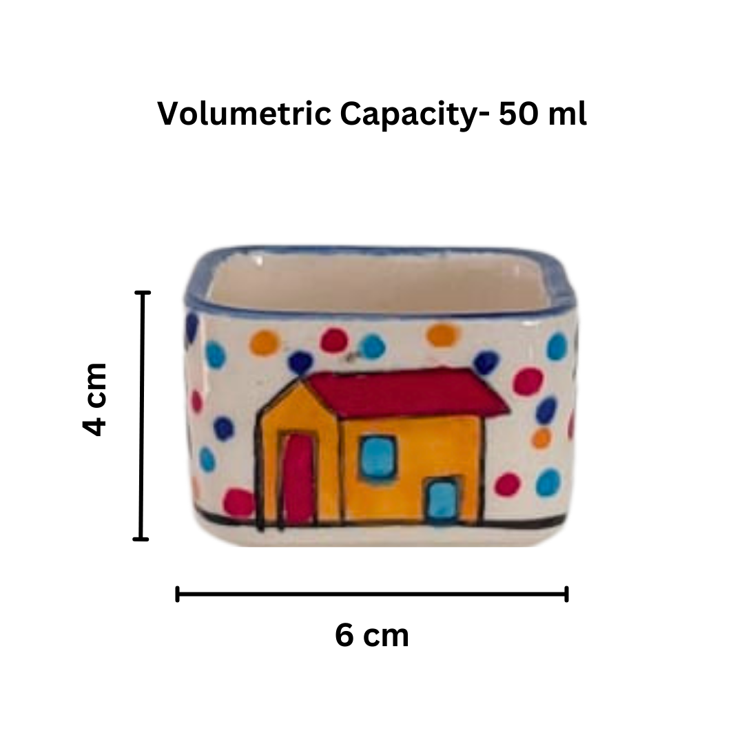 Square Shape Hut Painting Small Ceramic Hand Painted Chutney/Pickle/Dip/Bowls (50 ml) – Set of 6
