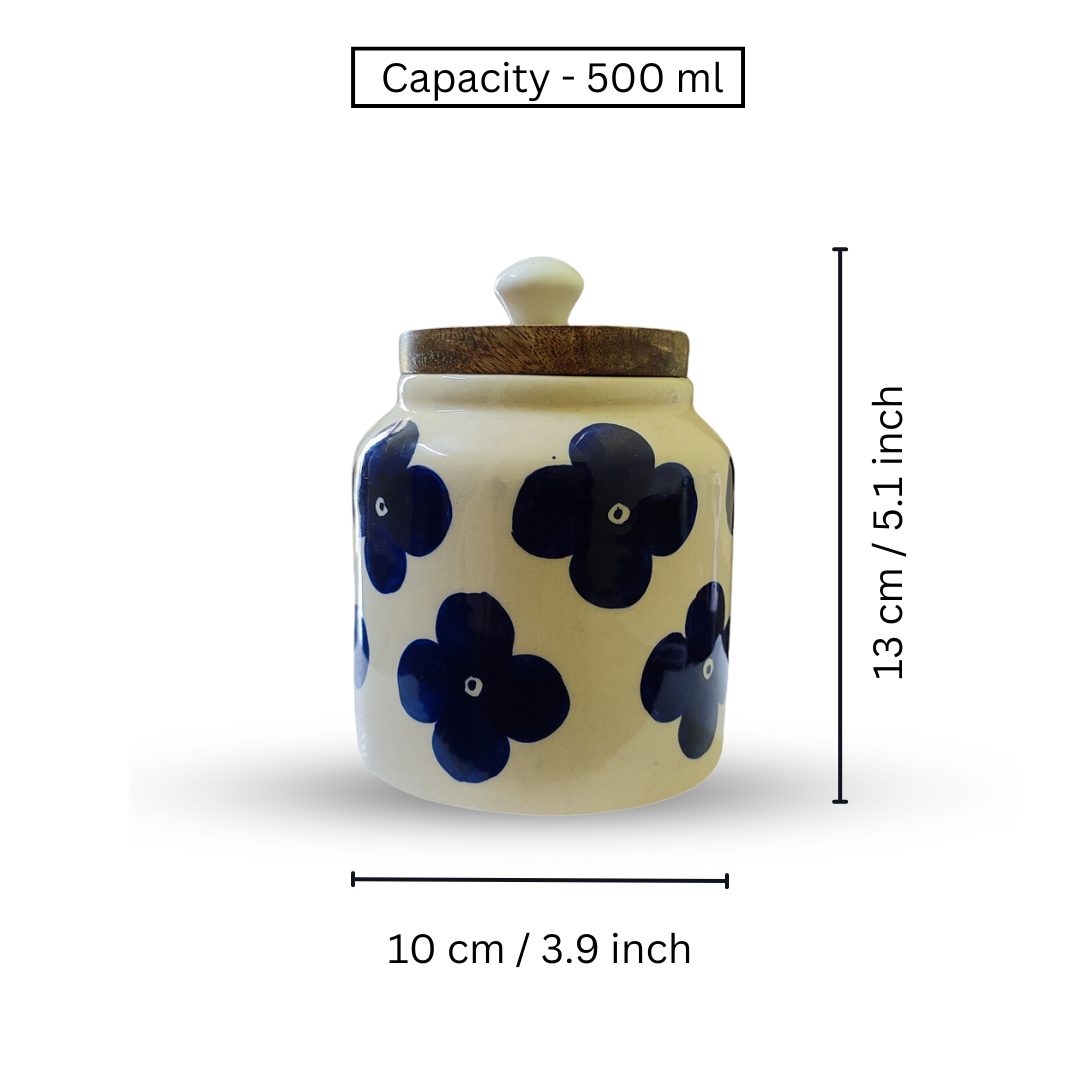 Blue Blossom” Air Tight Ceramic Jars with Wooden Lid For Storing Tea/ Sugar/ Pickle/ Jam etc. – Set Of 2