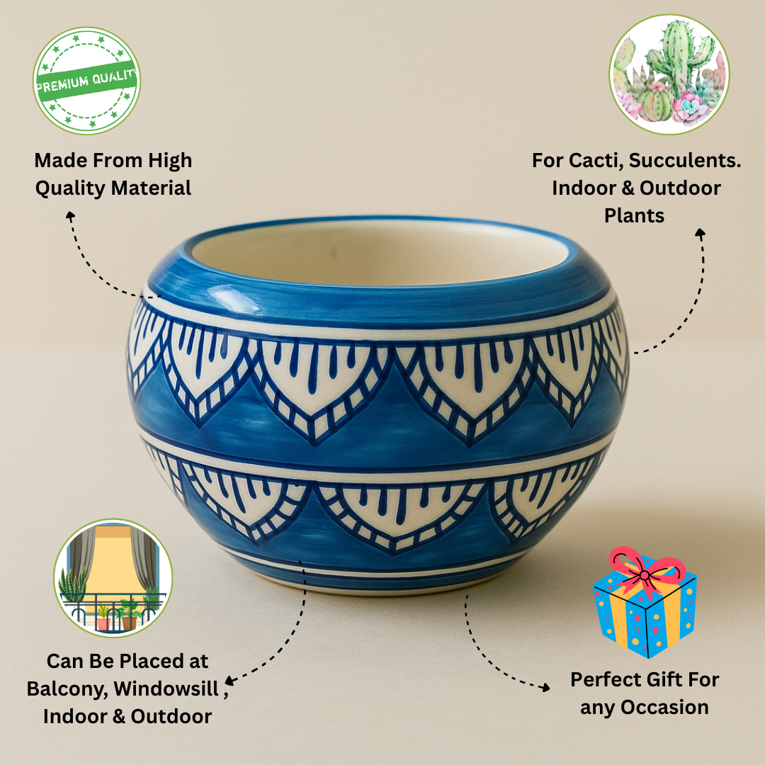 Indigo Blossom Planter” for indoor, outdoor plants, handcrafted Elegance for Your Greens.
