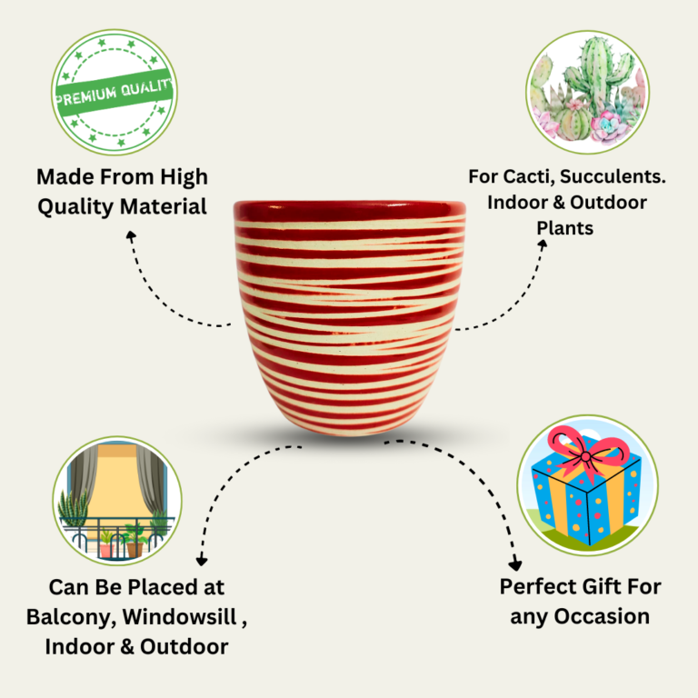 Premium Ceramic Striped Planter Pot for Succulents | Cactus | Indoor & Outdoor Plants – Cherry Red