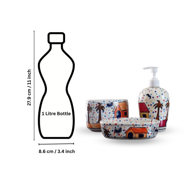 Multicolour Hut Painting Ceramic Bathroom Accessories Set of 3 with Liquid Soap Dispenser, Toothbrush Holder & Soap Dish