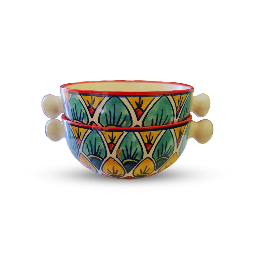 “Painted Petals” Ceramic Bowls with Handles For Serving Soup / Salads / Snacks – Set Of 2 Best Gifting Options