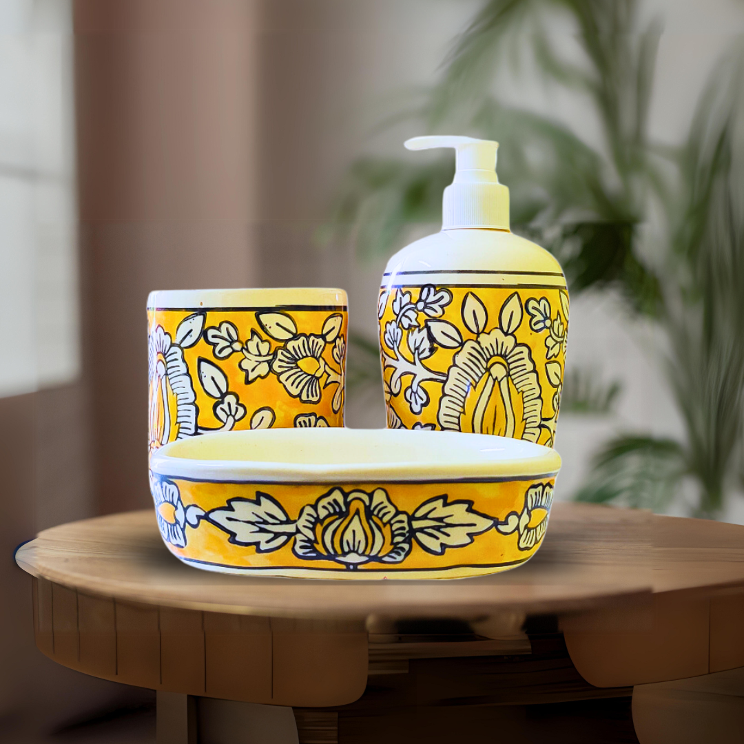 “Golden Blossom” Hand-Painted Ceramic Bath Set of 3 with Liquid Soap Dispenser, Toothbrush Holder & Soap Dish Best Gifting Options