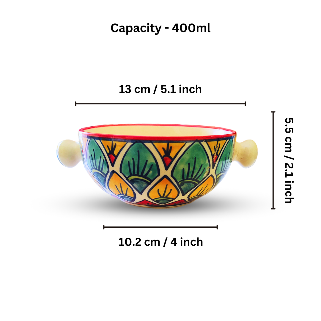 “Painted Petals” Ceramic Bowls with Handles For Serving Soup / Salads / Snacks – Set Of 2 Best Gifting Options