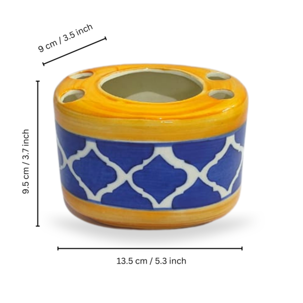 Hand Painted Ceramic Toothbrush Holder (Mughal Painting Blue & Yellow), Toothpaste Holder for Bathroom Sink