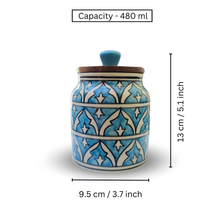Turquoise Treasure” Air Tight Ceramic Jars with Wooden Lid For Storing Tea/ Sugar/ Pickle/ Jam etc. – Set Of 2