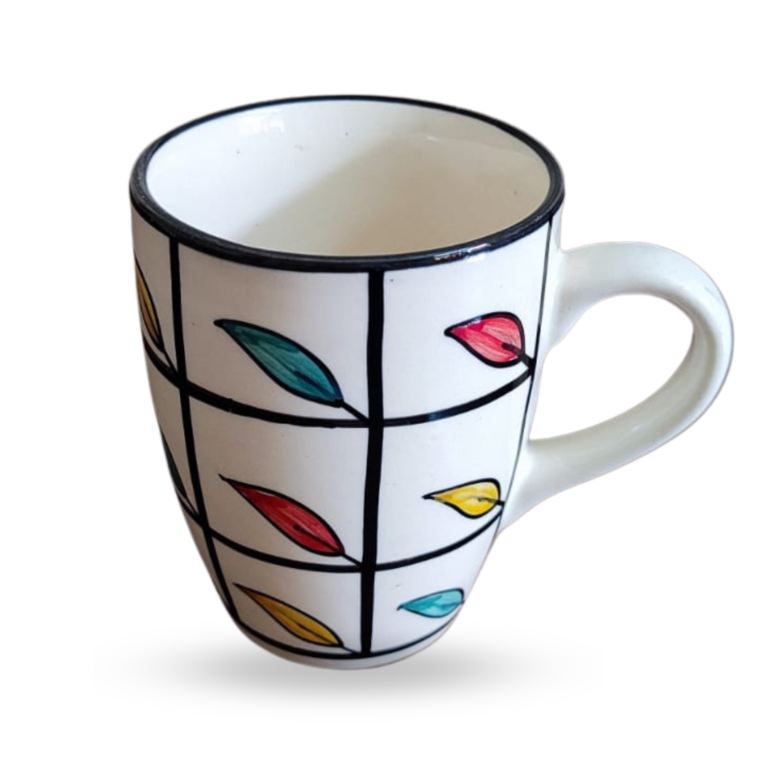 Coffee Mug | Tea Mug | Milk Mug Leaf Painting (300 ml, Multicolor) – Set of 2
