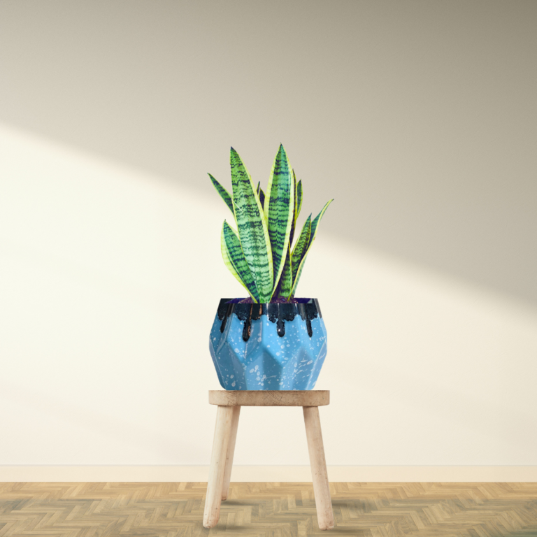 Stylish Zig-Zag Pattern Ceramic Planter with Bottom Hole – Sky Blue & Dark Blue Flow Paint Pattern