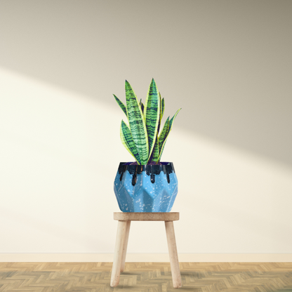 Stylish Zig-Zag Pattern Ceramic Planter with Bottom Hole – Sky Blue & Dark Blue Flow Paint Pattern
