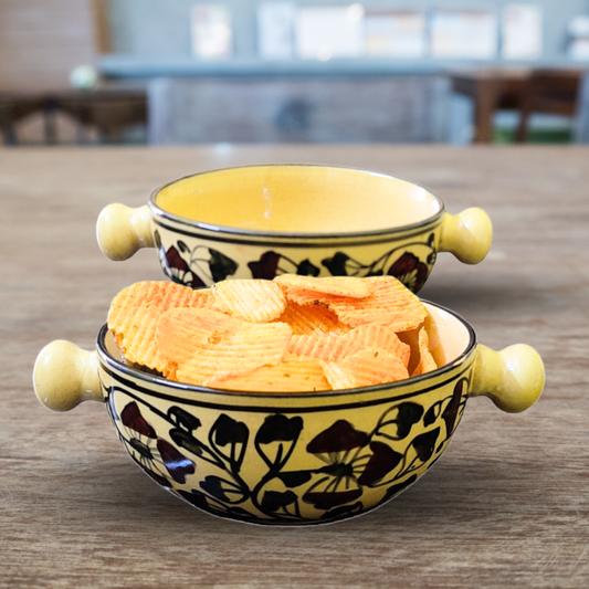 “Rustic Flora” Ceramic Bowls with Handles For Serving Soup / Salads / Snacks – Set Of 2 Best Gifting Options