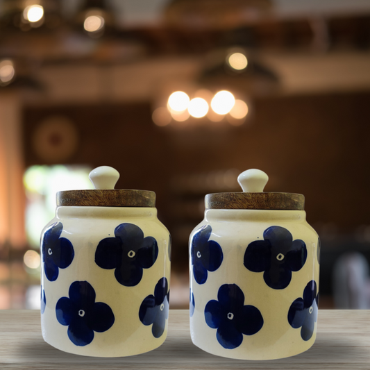 Blue Blossom” Air Tight Ceramic Jars with Wooden Lid For Storing Tea/ Sugar/ Pickle/ Jam etc. – Set Of 2