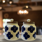Blue Blossom” Air Tight Ceramic Jars with Wooden Lid For Storing Tea/ Sugar/ Pickle/ Jam etc. – Set Of 2